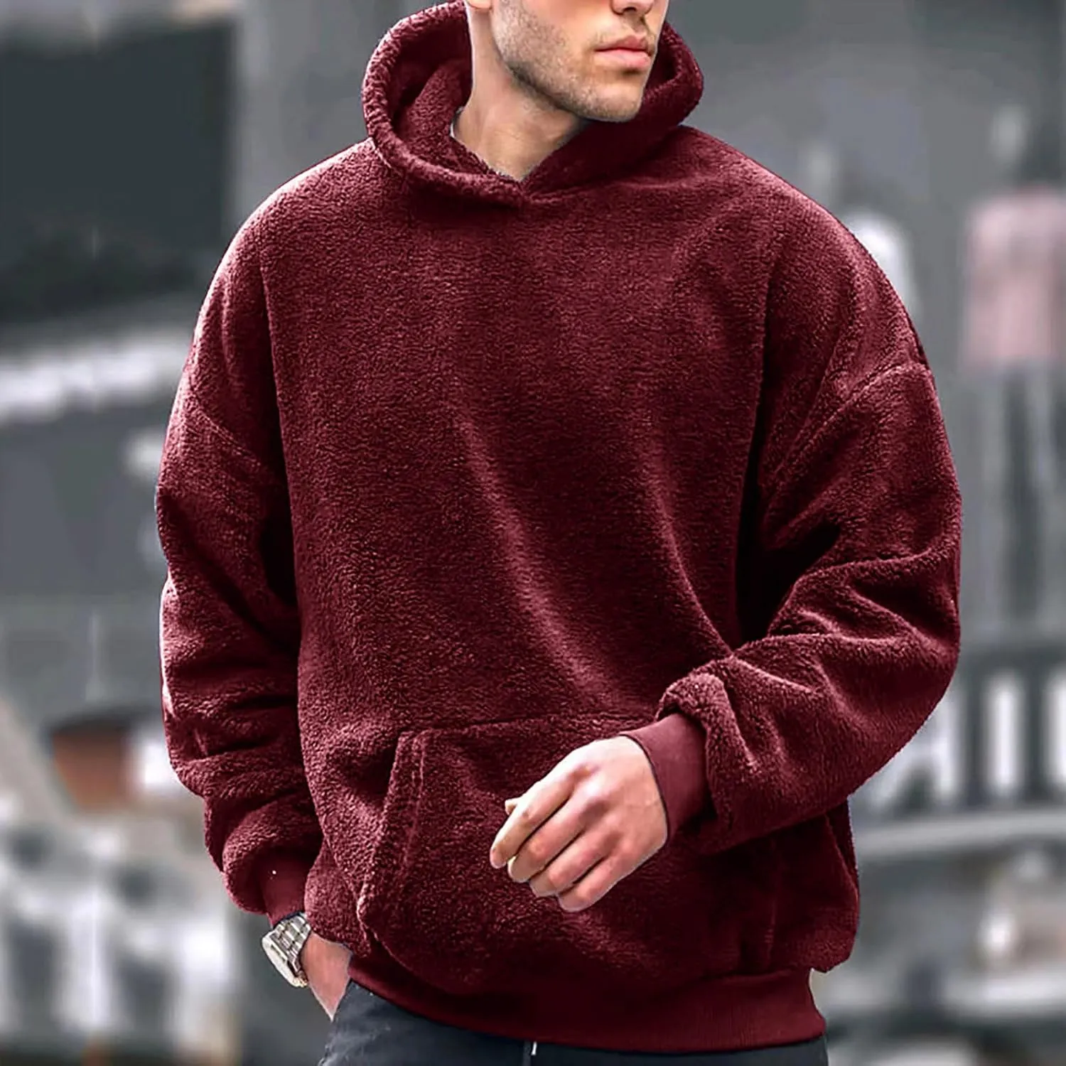 Fleece Hoodie Men Mens Fuzzy Pullover Hoodie Sweatshirts Long Sleeve Front Pocket Military Fall Outwear Winter Hooded