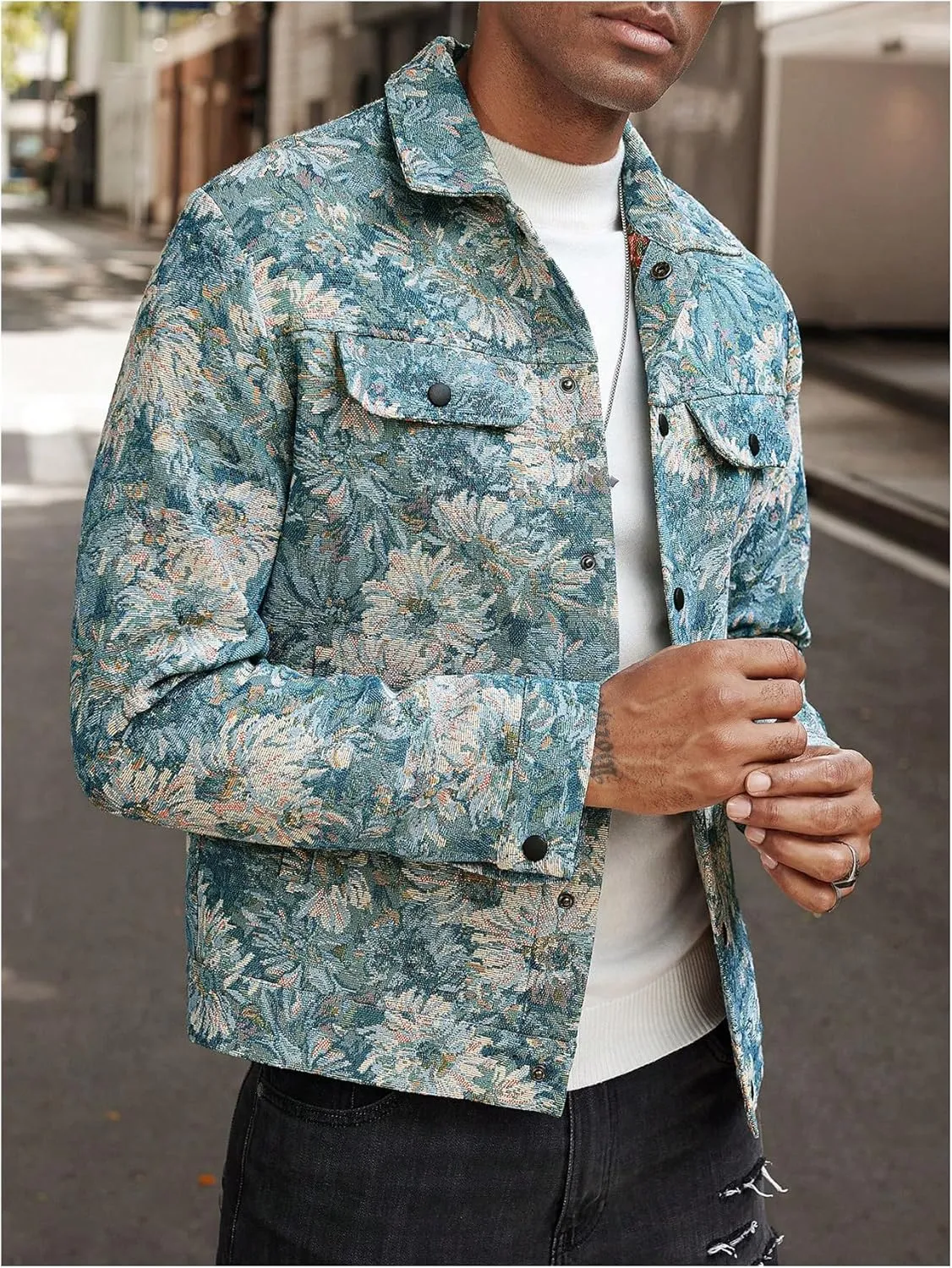 Floerns Men's Floral Jacquard Button Front Going Out Jacket Long Sleeve Shacket Shirts