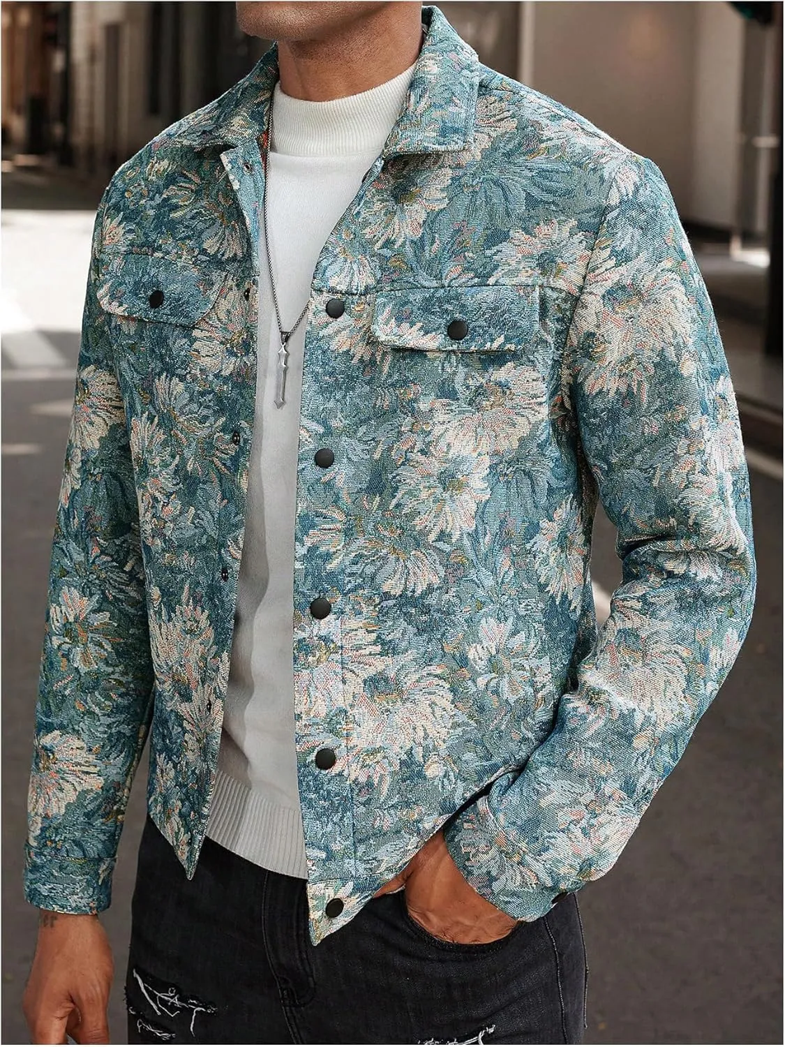 Floerns Men's Floral Jacquard Button Front Going Out Jacket Long Sleeve Shacket Shirts