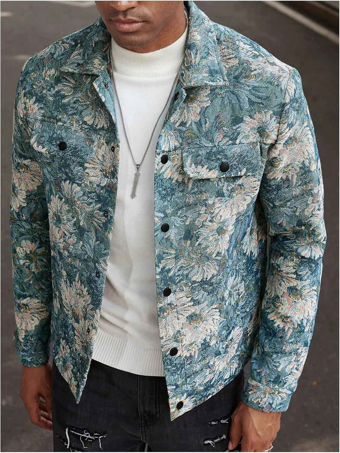 Floerns Men's Floral Jacquard Button Front Going Out Jacket Long Sleeve Shacket Shirts