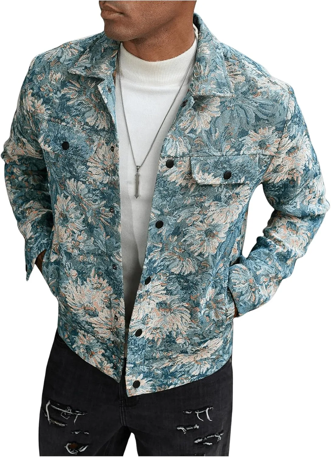 Floerns Men's Floral Jacquard Button Front Going Out Jacket Long Sleeve Shacket Shirts
