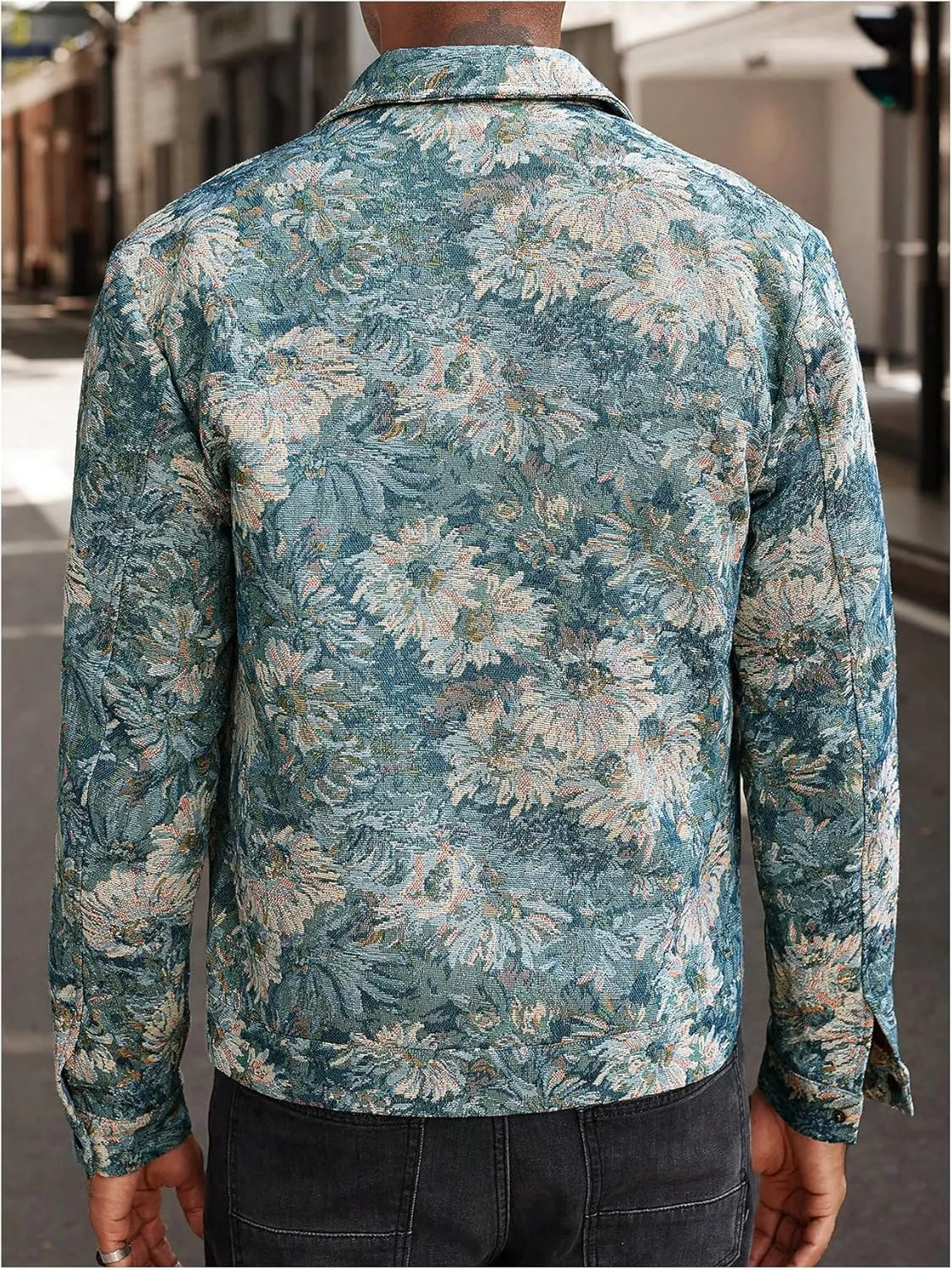 Floerns Men's Floral Jacquard Button Front Going Out Jacket Long Sleeve Shacket Shirts