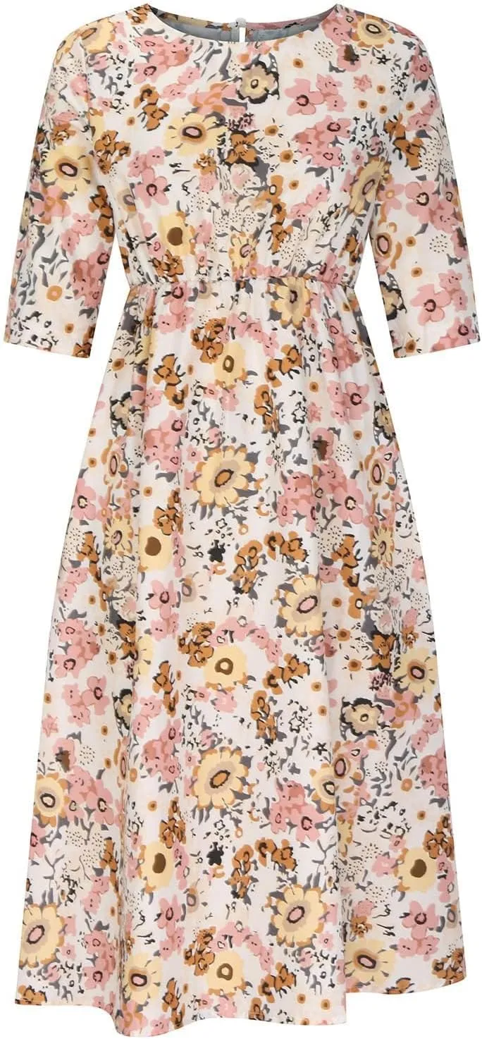 Floral Midi Dress for Women Boho Short Sleeve Tshirt Dresses Summer Casual Loose Sundress with Pockets