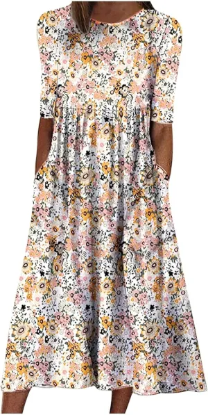 Floral Midi Dress for Women Boho Short Sleeve Tshirt Dresses Summer Casual Loose Sundress with Pockets