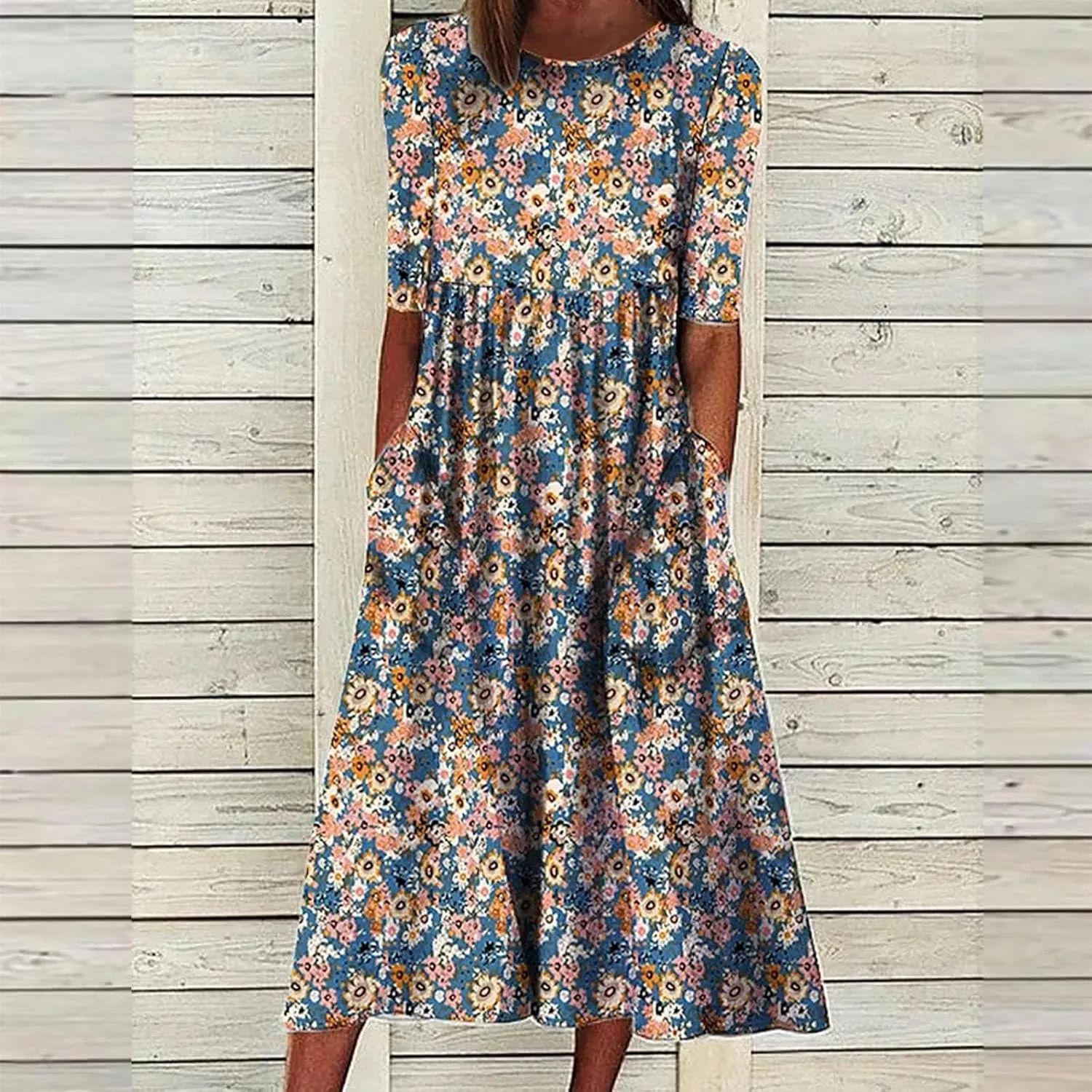 Floral Midi Dress for Women Boho Short Sleeve Tshirt Dresses Summer Casual Loose Sundress with Pockets