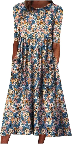 Floral Midi Dress for Women Boho Short Sleeve Tshirt Dresses Summer Casual Loose Sundress with Pockets