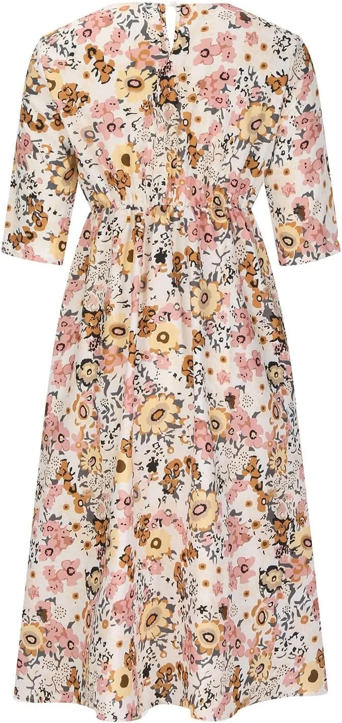 Floral Midi Dress for Women Boho Short Sleeve Tshirt Dresses Summer Casual Loose Sundress with Pockets