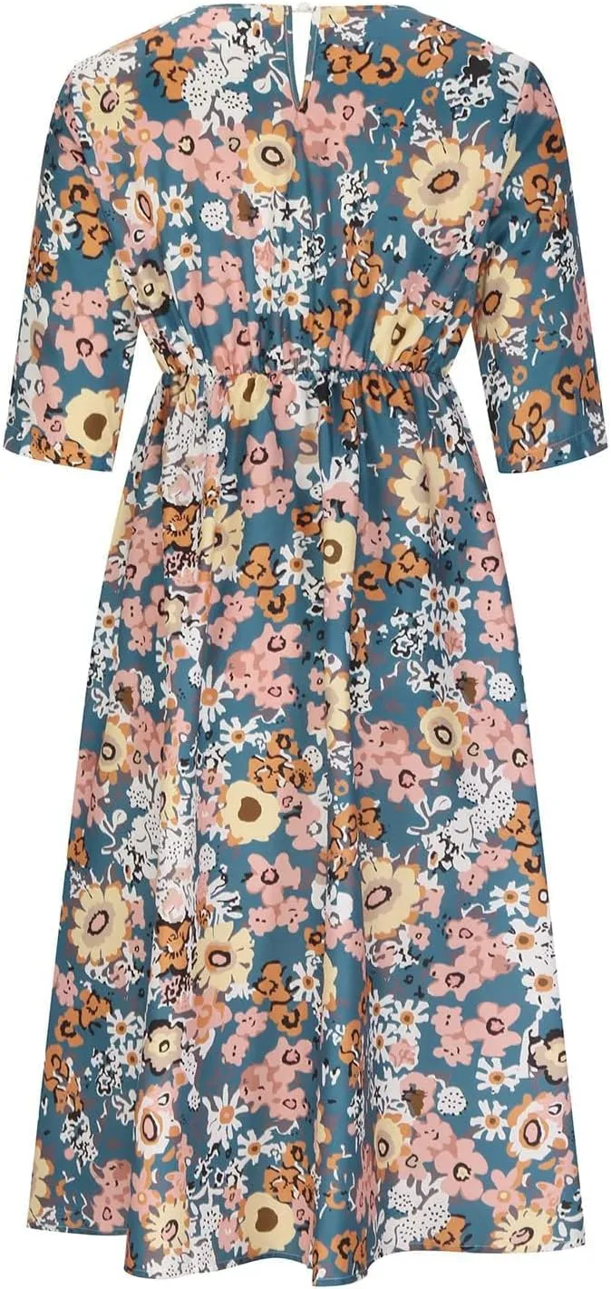 Floral Midi Dress for Women Boho Short Sleeve Tshirt Dresses Summer Casual Loose Sundress with Pockets