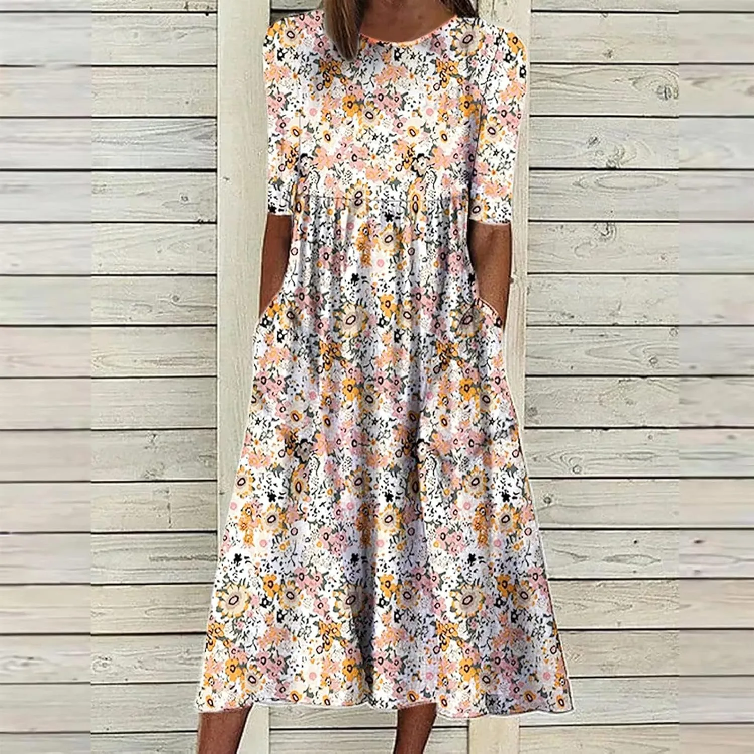 Floral Midi Dress for Women Boho Short Sleeve Tshirt Dresses Summer Casual Loose Sundress with Pockets