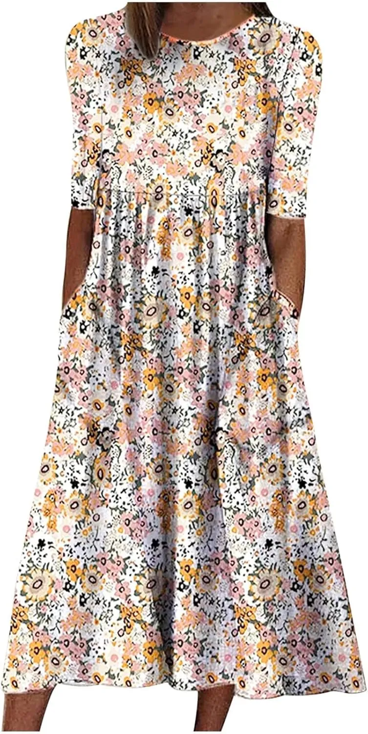 Floral Midi Dress for Women Boho Short Sleeve Tshirt Dresses Summer Casual Loose Sundress with Pockets