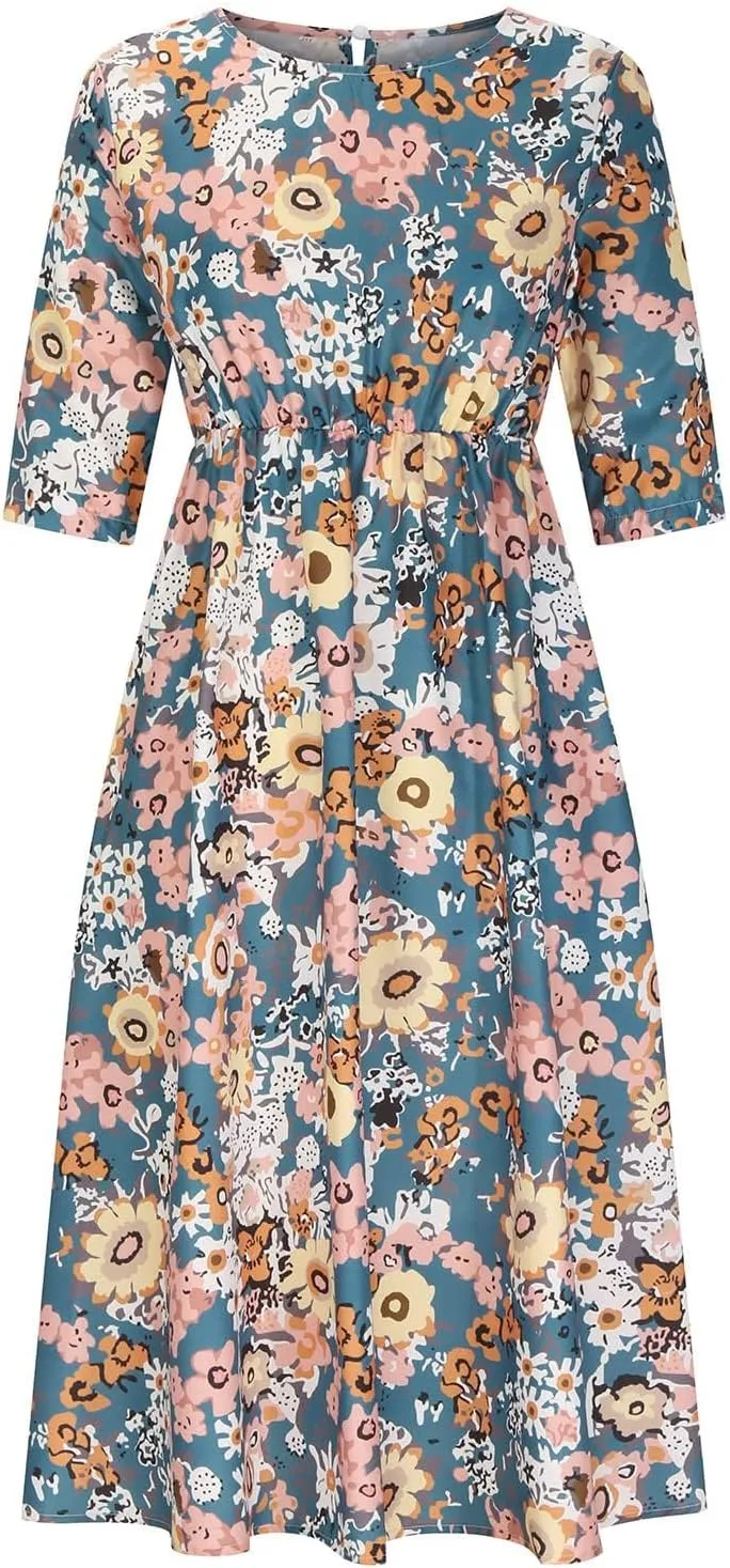 Floral Midi Dress for Women Boho Short Sleeve Tshirt Dresses Summer Casual Loose Sundress with Pockets