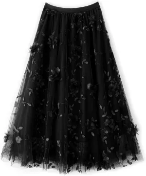 Floral Tulle Skirt for Women Embroidered High Waisted A Line Tiered Pleated Mesh Fairy Midi Skirt