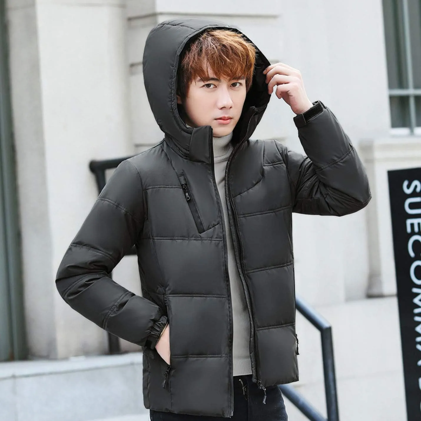 Flygo Men's Thicken Quilted Padded Winter Coat Removable Hood Cotton Down Jacket