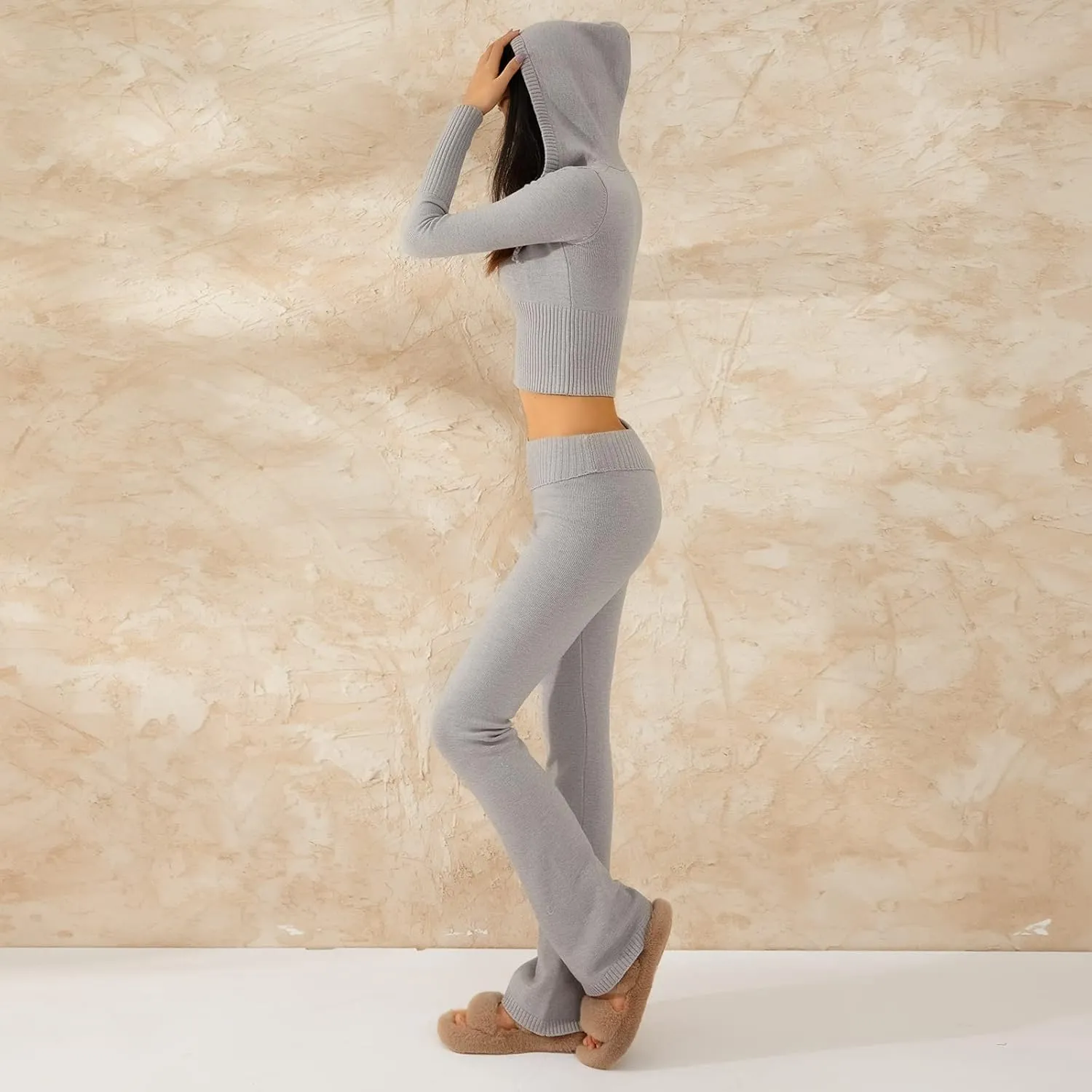 FOMOYUU Women Ribbed Knit 2 Piece Outfits Long Sleeve Zip Up Crop Jacket   High Waist Flare Skinny Pants Loungewear Sets