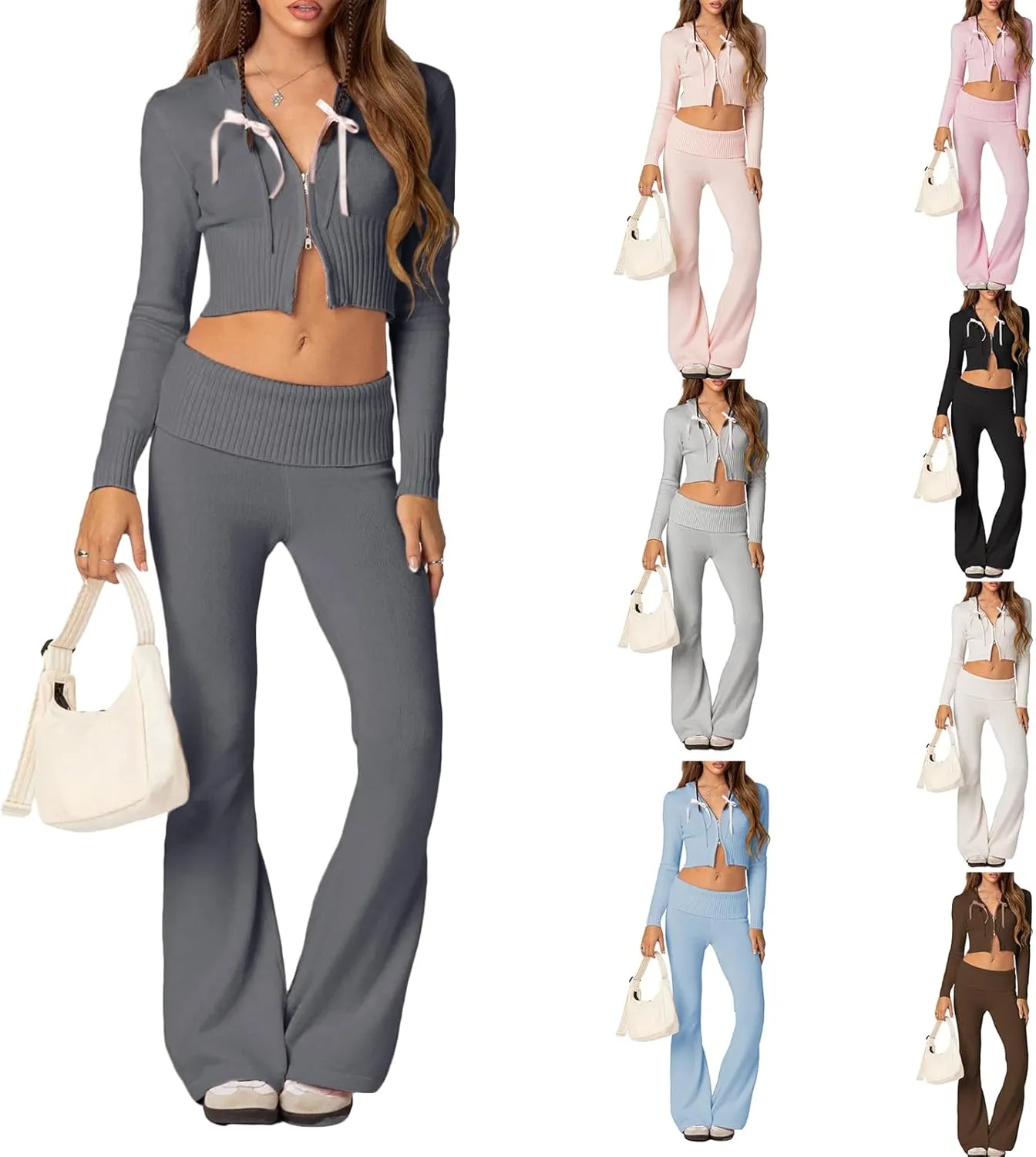 FOMOYUU Women Ribbed Knit 2 Piece Outfits Long Sleeve Zip Up Crop Jacket   High Waist Flare Skinny Pants Loungewear Sets