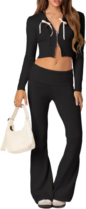 FOMOYUU Women Ribbed Knit 2 Piece Outfits Long Sleeve Zip Up Crop Jacket   High Waist Flare Skinny Pants Loungewear Sets