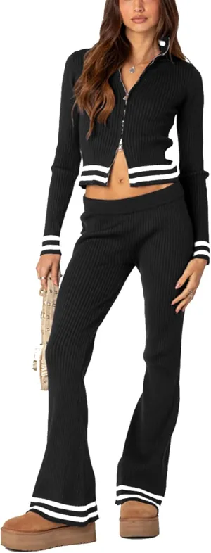 FOMOYUU Women Ribbed Knit 2 Piece Outfits Long Sleeve Zip Up Crop Jacket   High Waist Flare Skinny Pants Loungewear Sets