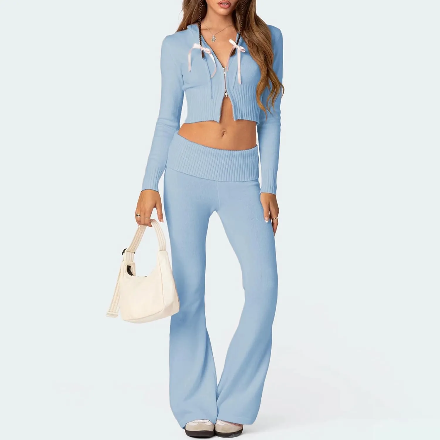 FOMOYUU Women Ribbed Knit 2 Piece Outfits Long Sleeve Zip Up Crop Jacket   High Waist Flare Skinny Pants Loungewear Sets