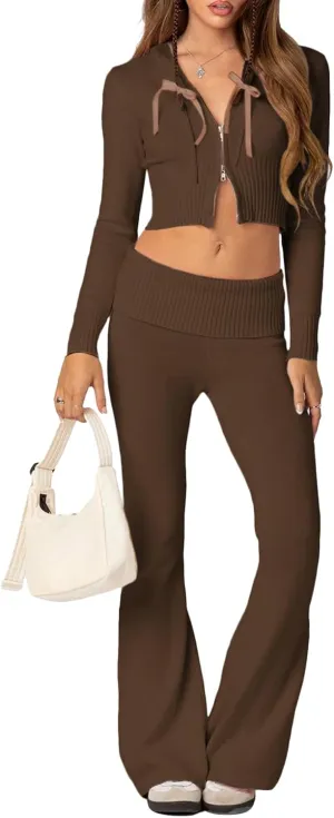 FOMOYUU Women Ribbed Knit 2 Piece Outfits Long Sleeve Zip Up Crop Jacket   High Waist Flare Skinny Pants Loungewear Sets