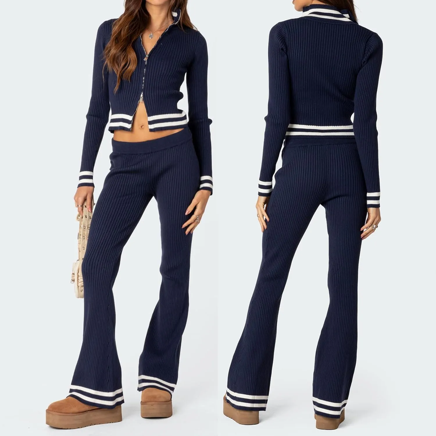 FOMOYUU Women Ribbed Knit 2 Piece Outfits Long Sleeve Zip Up Crop Jacket   High Waist Flare Skinny Pants Loungewear Sets