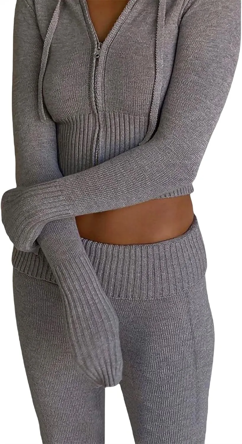 FOMOYUU Women Ribbed Knit 2 Piece Outfits Long Sleeve Zip Up Crop Jacket   High Waist Flare Skinny Pants Loungewear Sets