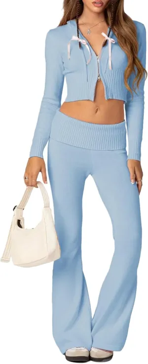FOMOYUU Women Ribbed Knit 2 Piece Outfits Long Sleeve Zip Up Crop Jacket   High Waist Flare Skinny Pants Loungewear Sets