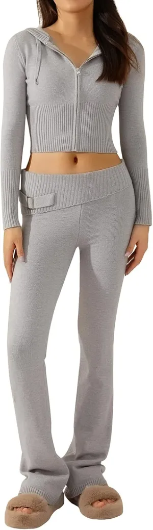FOMOYUU Women Ribbed Knit 2 Piece Outfits Long Sleeve Zip Up Crop Jacket   High Waist Flare Skinny Pants Loungewear Sets