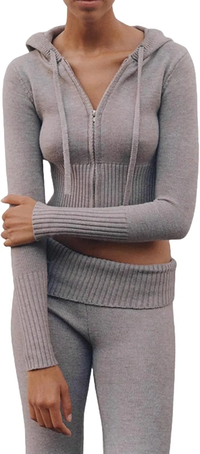 FOMOYUU Women Ribbed Knit 2 Piece Outfits Long Sleeve Zip Up Crop Jacket   High Waist Flare Skinny Pants Loungewear Sets