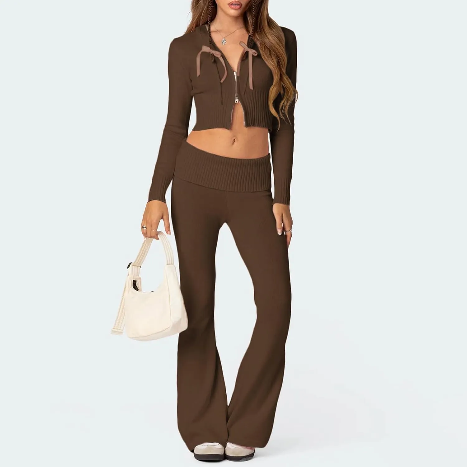 FOMOYUU Women Ribbed Knit 2 Piece Outfits Long Sleeve Zip Up Crop Jacket   High Waist Flare Skinny Pants Loungewear Sets