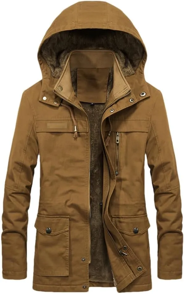 FULBHPRINT Men's Military Cargo Coat - Winter Thick Parkas - Cotton Padded Jacket With Pocket - Fur Hooded Parka