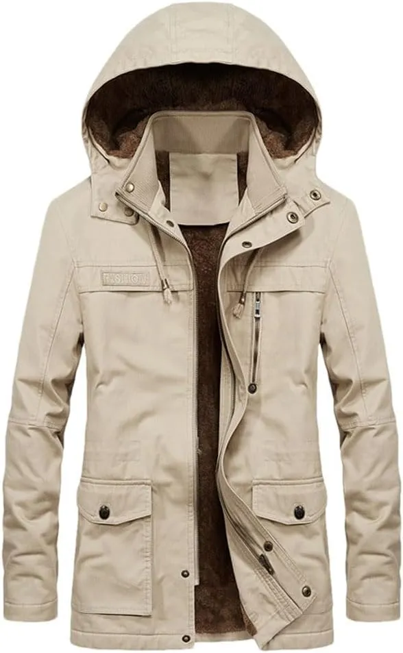 FULBHPRINT Men's Military Cargo Coat - Winter Thick Parkas - Cotton Padded Jacket With Pocket - Fur Hooded Parka