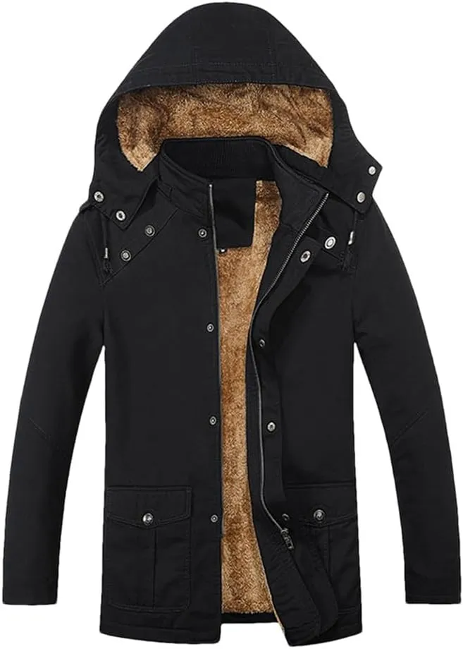 FULBHPRINT Men's Military Cargo Coat - Winter Thick Parkas - Cotton Padded Jacket With Pocket - Fur Hooded Parka