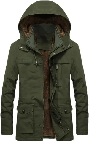 FULBHPRINT Men's Military Cargo Coat - Winter Thick Parkas - Cotton Padded Jacket With Pocket - Fur Hooded Parka