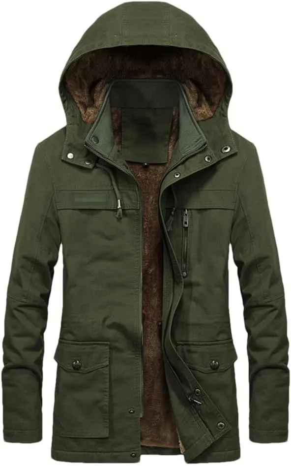 FULBHPRINT Men's Military Cargo Coat - Winter Thick Parkas - Cotton Padded Jacket With Pocket - Fur Hooded Parka