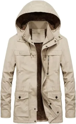 FULBHPRINT Men's Military Cargo Coat - Winter Thick Parkas - Cotton Padded Jacket With Pocket - Fur Hooded Parka