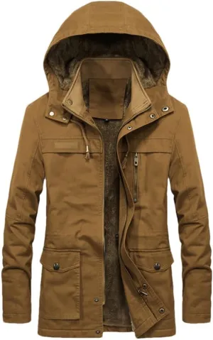 FULBHPRINT Men's Military Cargo Coat - Winter Thick Parkas - Cotton Padded Jacket With Pocket - Fur Hooded Parka
