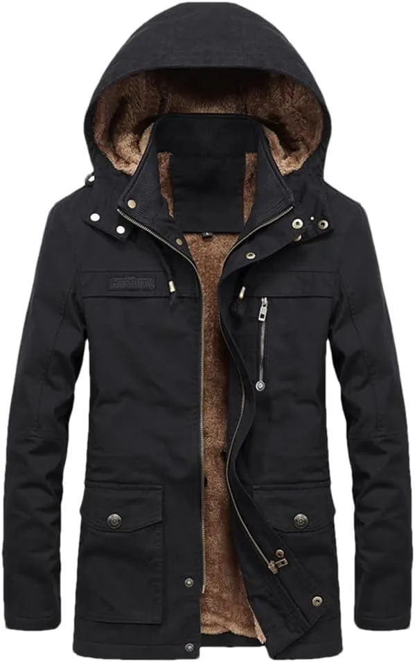 FULBHPRINT Men's Military Cargo Coat - Winter Thick Parkas - Cotton Padded Jacket With Pocket - Fur Hooded Parka