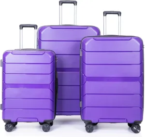 FUNNy elf Lightweight Luggage Sets Set of 3, 3-Piece Set Hardshell Suitcase with Spinner Wheels & TSA Lock & Hooks and Name, PP Luggage Sets Travel Essential (Purple)