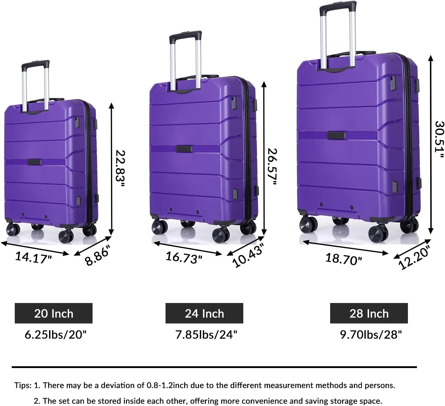 FUNNy elf Lightweight Luggage Sets Set of 3, 3-Piece Set Hardshell Suitcase with Spinner Wheels & TSA Lock & Hooks and Name, PP Luggage Sets Travel Essential (Purple)