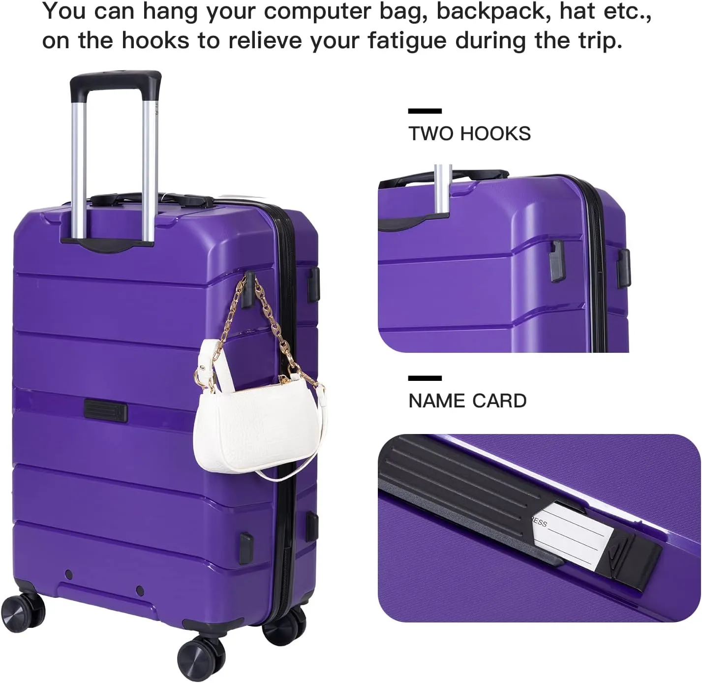 FUNNy elf Lightweight Luggage Sets Set of 3, 3-Piece Set Hardshell Suitcase with Spinner Wheels & TSA Lock & Hooks and Name, PP Luggage Sets Travel Essential (Purple)