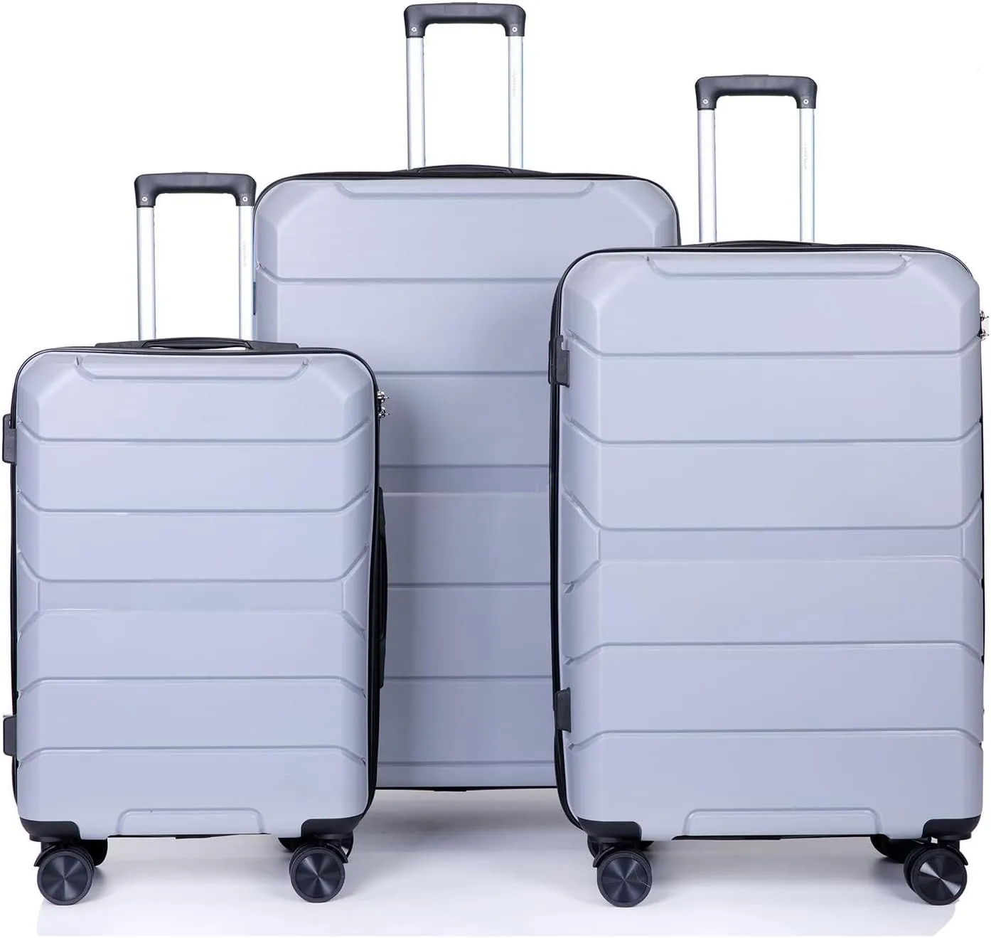 FUNNy elf Lightweight Luggage Sets Set of 3, 3-Piece Set Hardshell Suitcase with Spinner Wheels & TSA Lock & Hooks and Name, PP Luggage Sets Travel Essential (Silver)