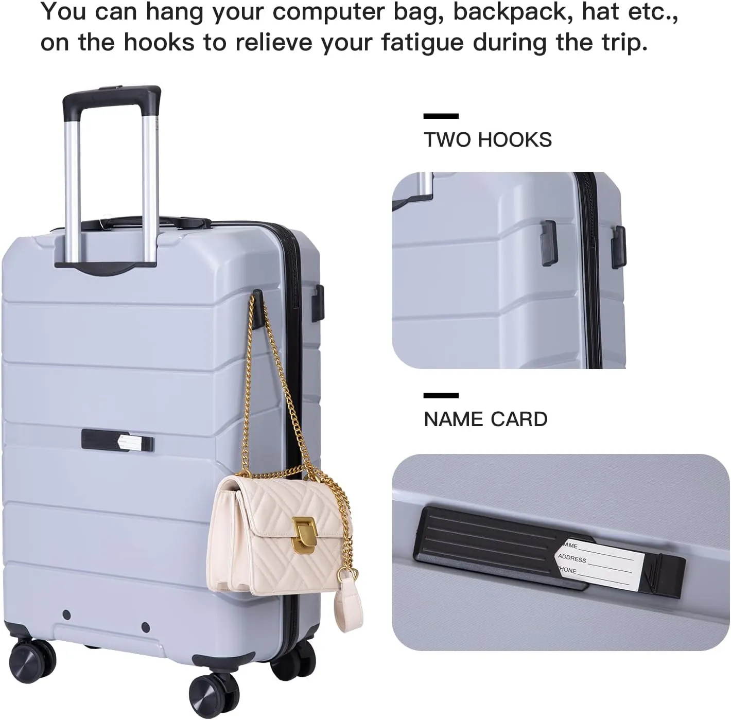 FUNNy elf Lightweight Luggage Sets Set of 3, 3-Piece Set Hardshell Suitcase with Spinner Wheels & TSA Lock & Hooks and Name, PP Luggage Sets Travel Essential (Silver)