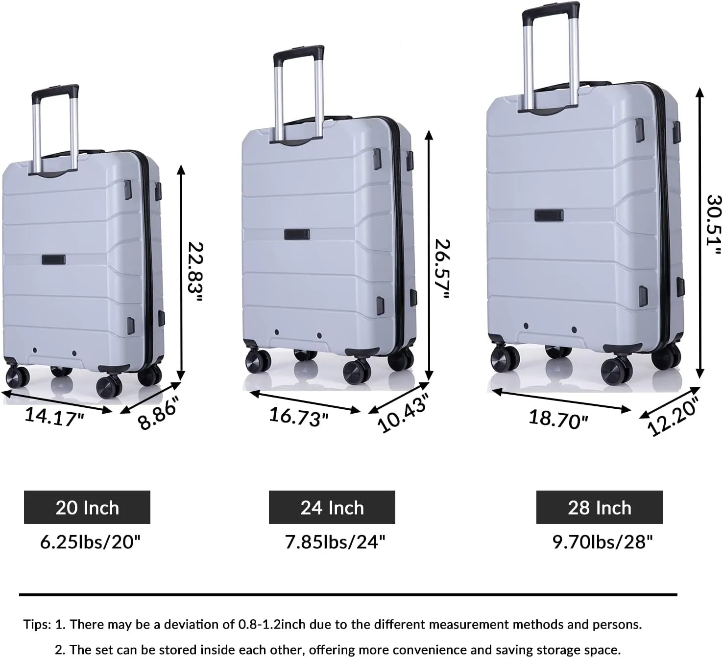 FUNNy elf Lightweight Luggage Sets Set of 3, 3-Piece Set Hardshell Suitcase with Spinner Wheels & TSA Lock & Hooks and Name, PP Luggage Sets Travel Essential (Silver)
