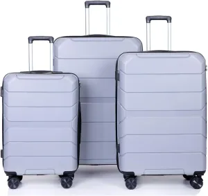 FUNNy elf Lightweight Luggage Sets Set of 3, 3-Piece Set Hardshell Suitcase with Spinner Wheels & TSA Lock & Hooks and Name, PP Luggage Sets Travel Essential (Silver)