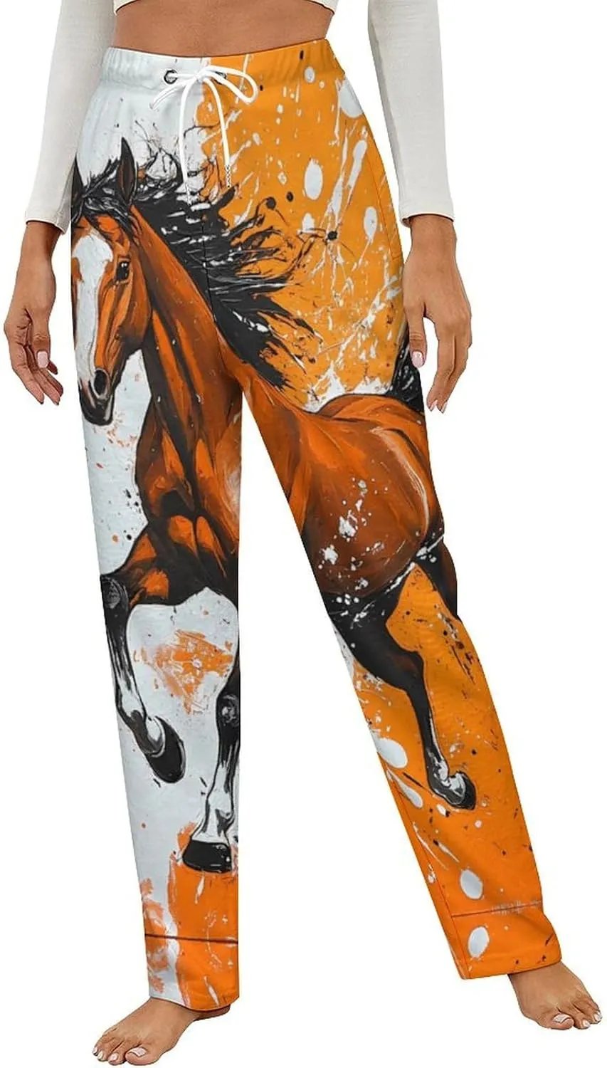 Galloping Horse Womens Flannel Pajama Pants Long Length Sleep Lounge Pants with Drawstring Belt Loungewear