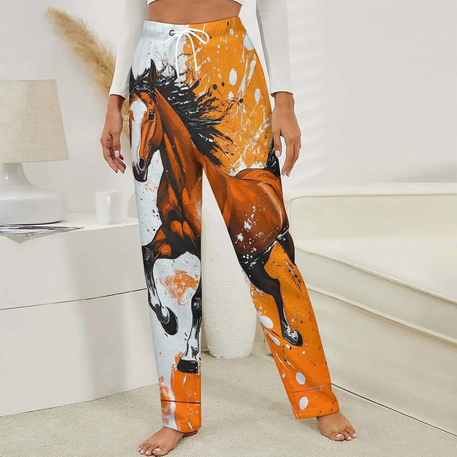 Galloping Horse Womens Flannel Pajama Pants Long Length Sleep Lounge Pants with Drawstring Belt Loungewear