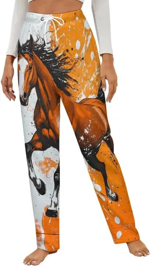 Galloping Horse Womens Flannel Pajama Pants Long Length Sleep Lounge Pants with Drawstring Belt Loungewear
