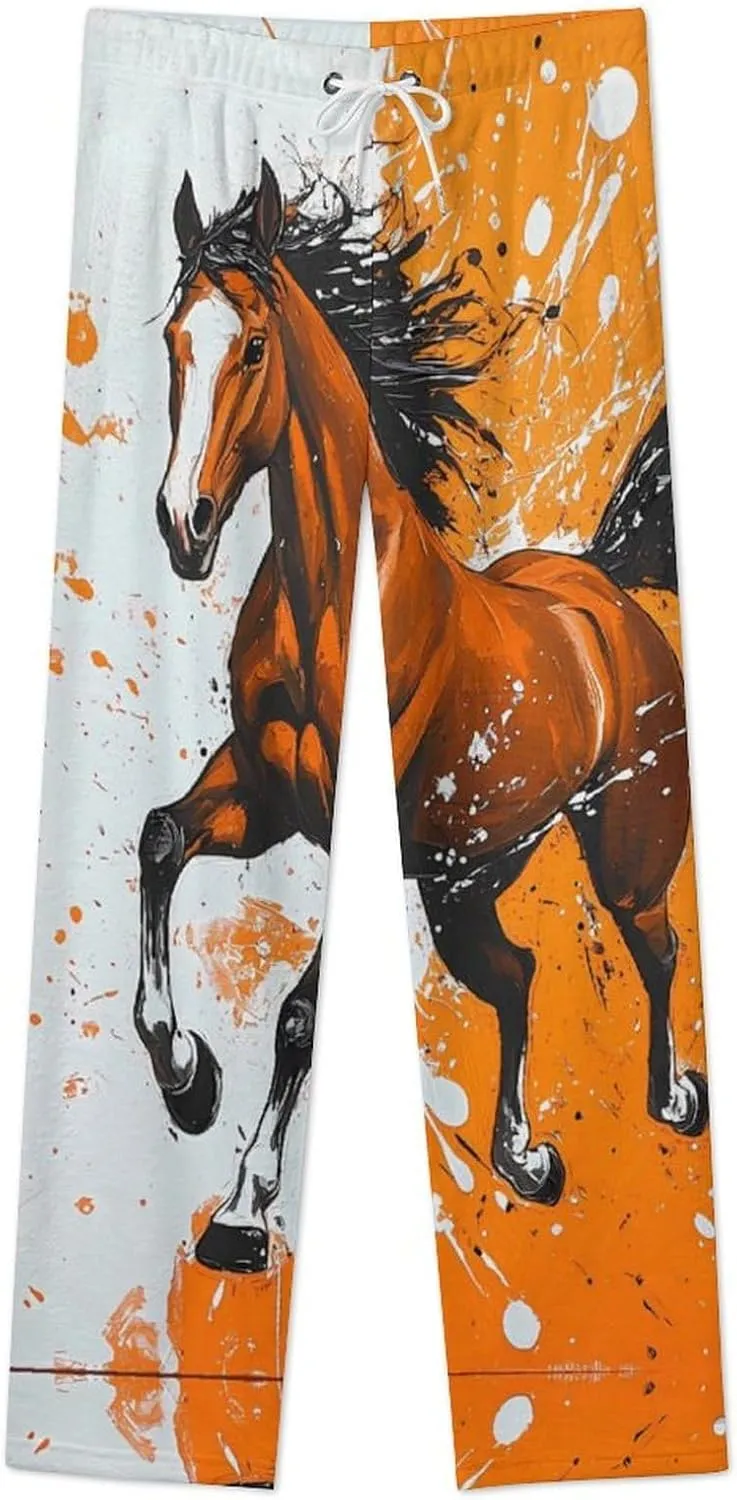 Galloping Horse Womens Flannel Pajama Pants Long Length Sleep Lounge Pants with Drawstring Belt Loungewear