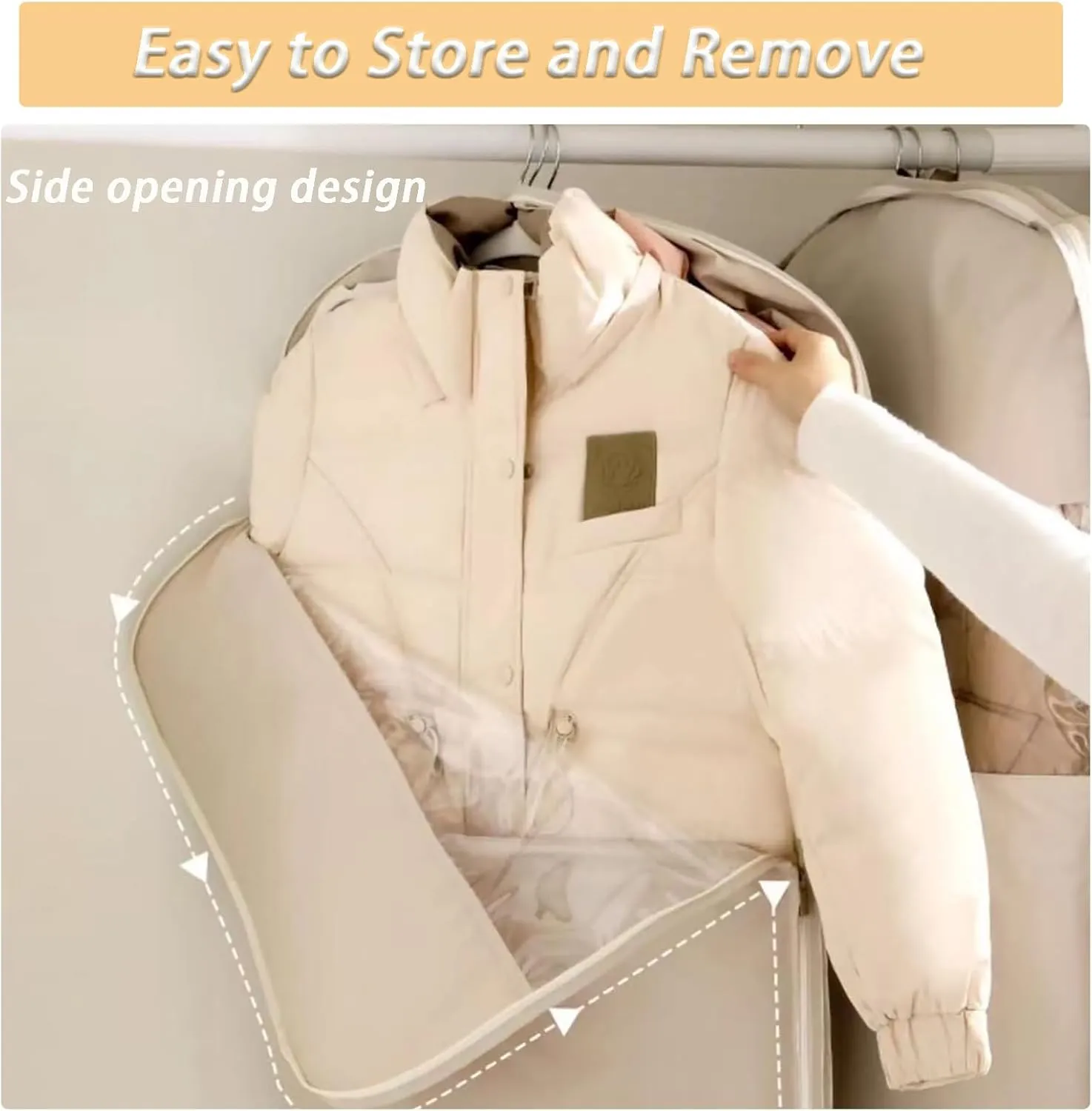 Garment Bags for Hanging Clothes Travel, Space Saving Hanging Garment Bag with Self Compression Zipper (Beige, L)