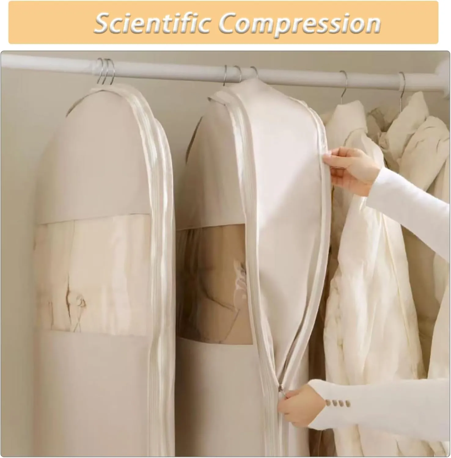 Garment Bags for Hanging Clothes Travel, Space Saving Hanging Garment Bag with Self Compression Zipper (Beige, L)